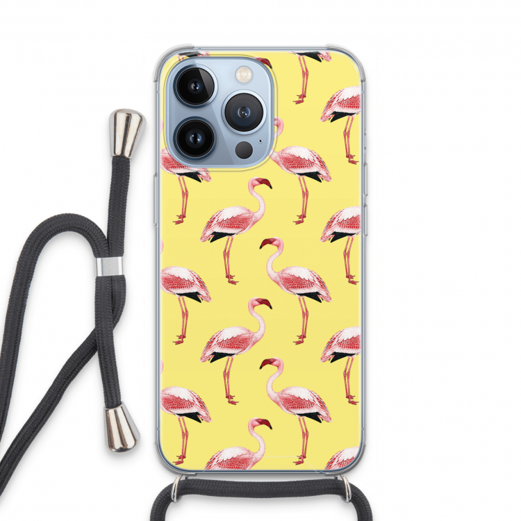 Flamingo's geel: iPhone 13 Pro Transparant Hoesje met koord