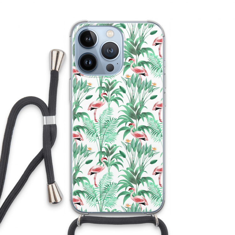 Flamingo bladeren: iPhone 13 Pro Transparant Hoesje met koord