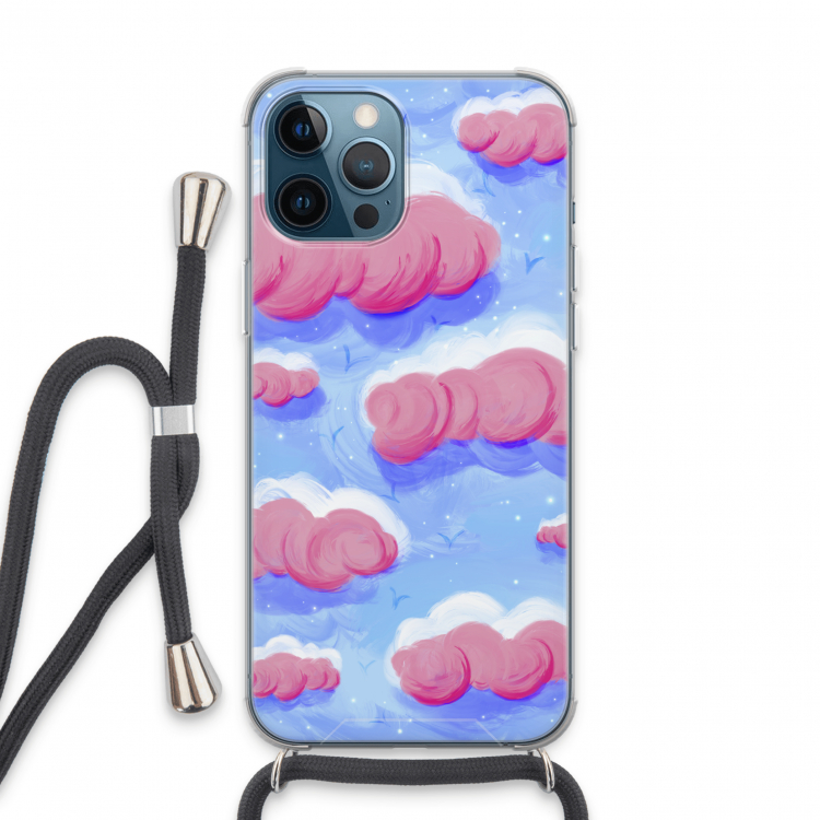 Roze wolken met vogels: iPhone 13 Pro Max Transparant Hoesje met koord