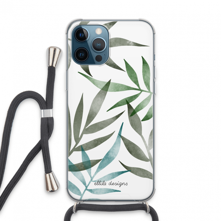 Tropical watercolor leaves: iPhone 13 Pro Max Transparant Hoesje met koord