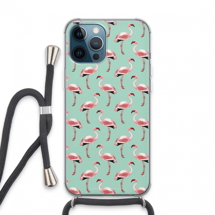 Flamingoprint groen: iPhone 13 Pro Max Transparant Hoesje met koord
