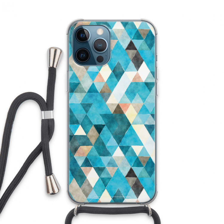 Gekleurde driehoekjes blauw: iPhone 13 Pro Max Transparant Hoesje met koord