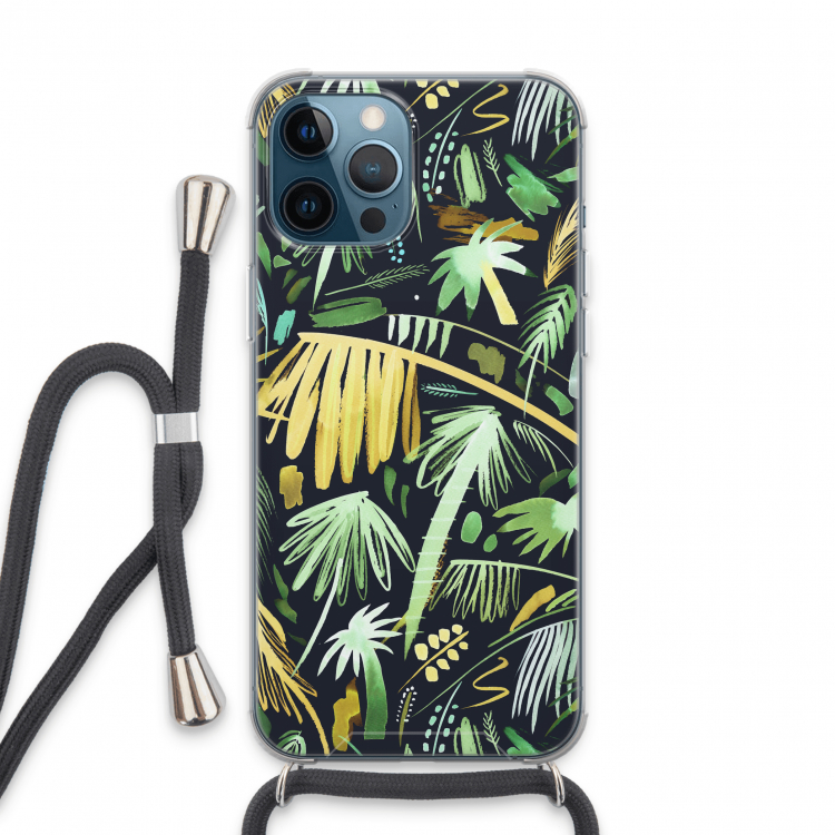 Tropical Palms Dark: iPhone 13 Pro Max Transparant Hoesje met koord