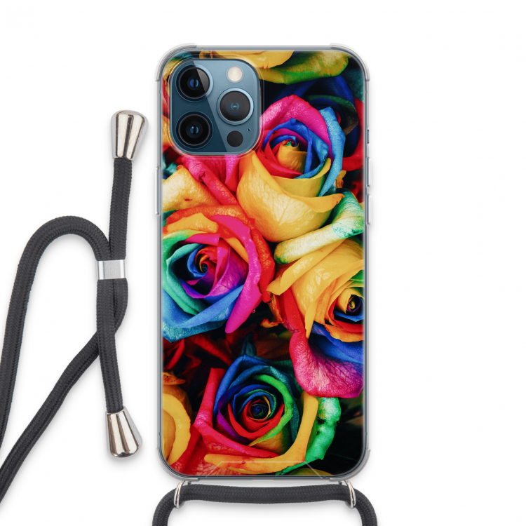 Neon bloemen: iPhone 13 Pro Max Transparant Hoesje met koord
