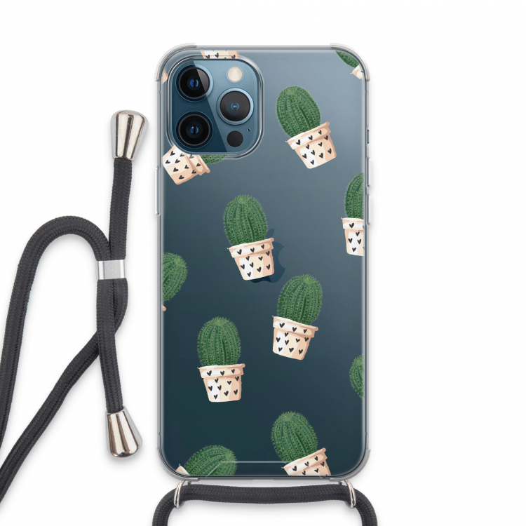 Cactusprint roze: iPhone 13 Pro Max Transparant Hoesje met koord