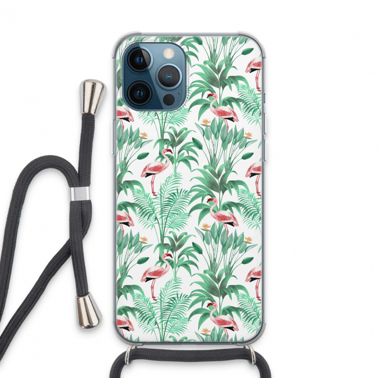 Flamingo bladeren: iPhone 13 Pro Max Transparant Hoesje met koord