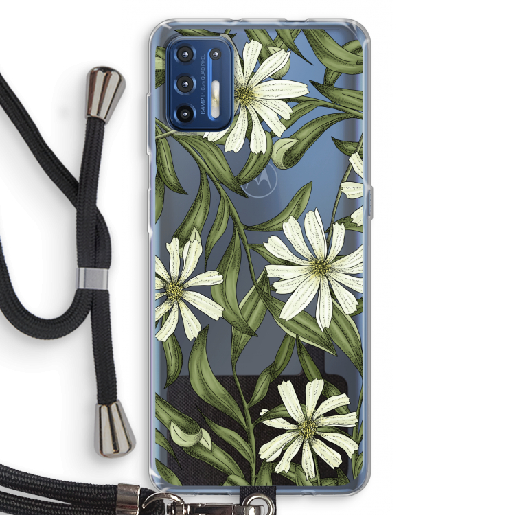 Wit bloemenpatroon: Motorola Moto G9 Plus Transparant Hoesje met koord