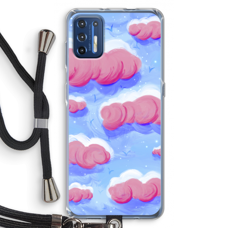 Roze wolken met vogels: Motorola Moto G9 Plus Transparant Hoesje met koord