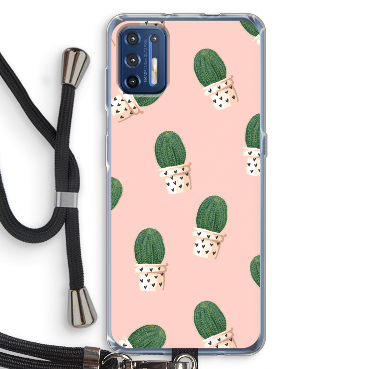 Cactusprint roze: Motorola Moto G9 Plus Transparant Hoesje met koord
