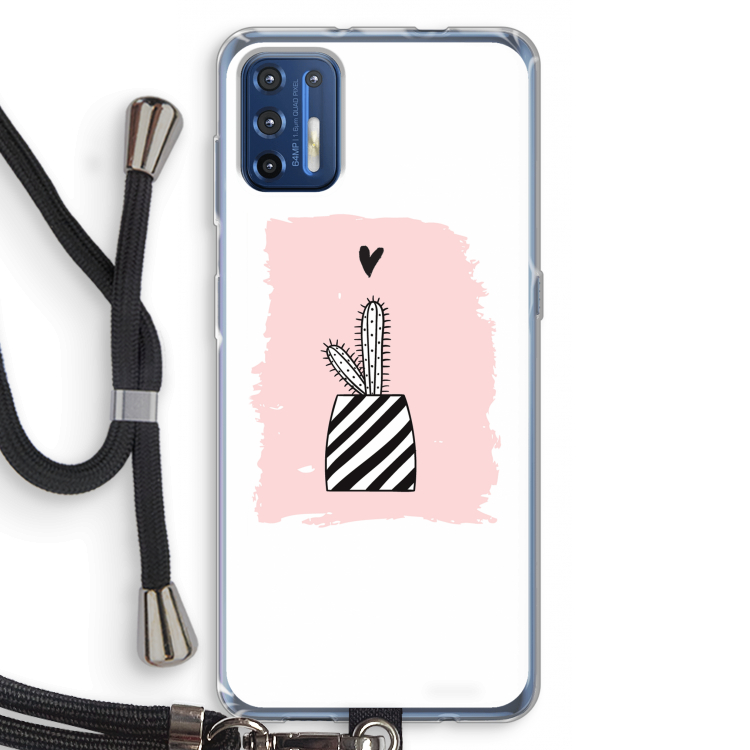 Zwart-wit cactus: Motorola Moto G9 Plus Transparant Hoesje met koord
