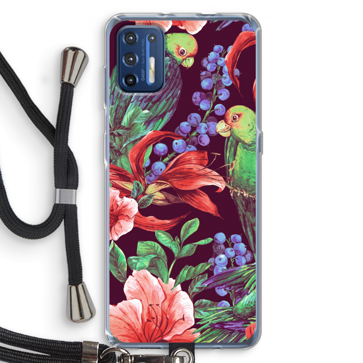 Papegaaien: Motorola Moto G9 Plus Transparant Hoesje met koord