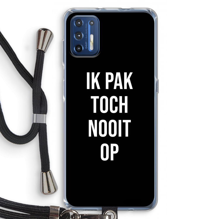Ik pak nooit op - Zwart: Motorola Moto G9 Plus Transparant Hoesje met koord