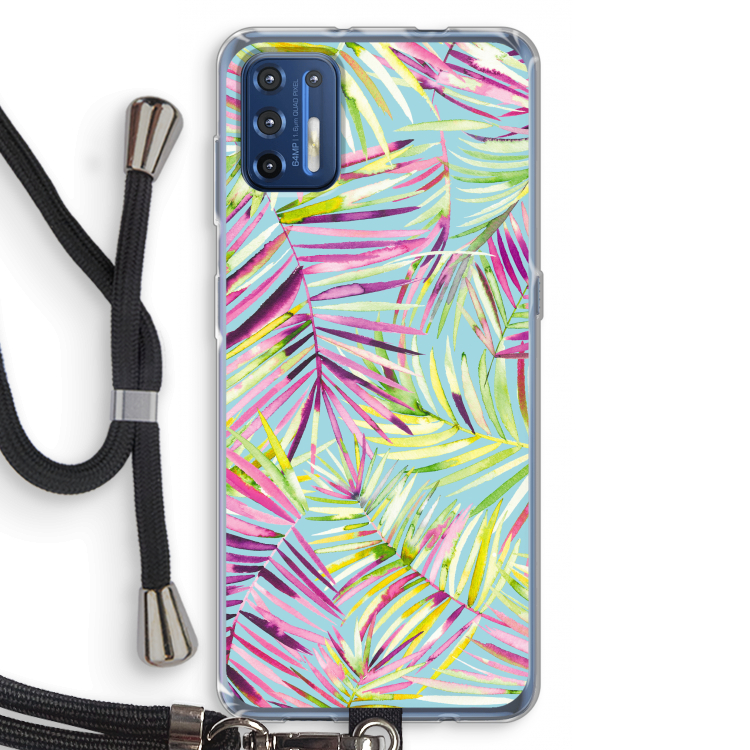 Tropical Palms Blue: Motorola Moto G9 Plus Transparant Hoesje met koord