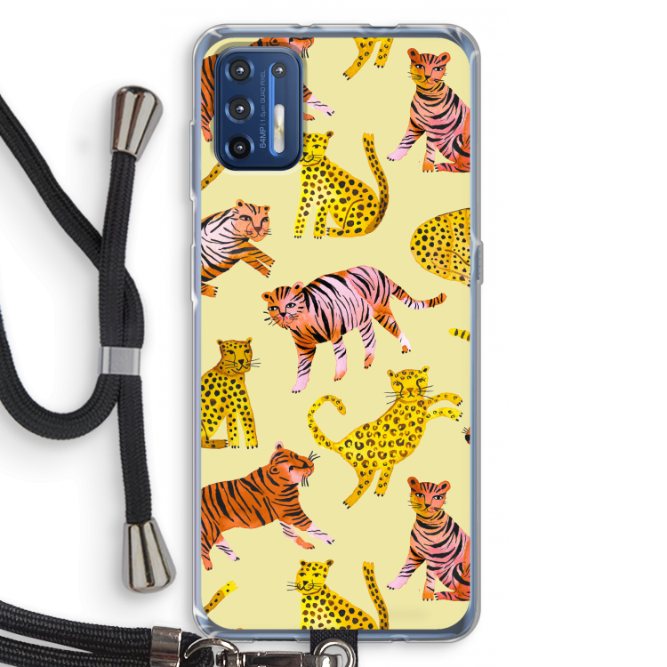 Cute Tigers and Leopards: Motorola Moto G9 Plus Transparant Hoesje met koord