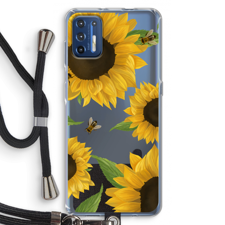 Sunflower and bees: Motorola Moto G9 Plus Transparant Hoesje met koord