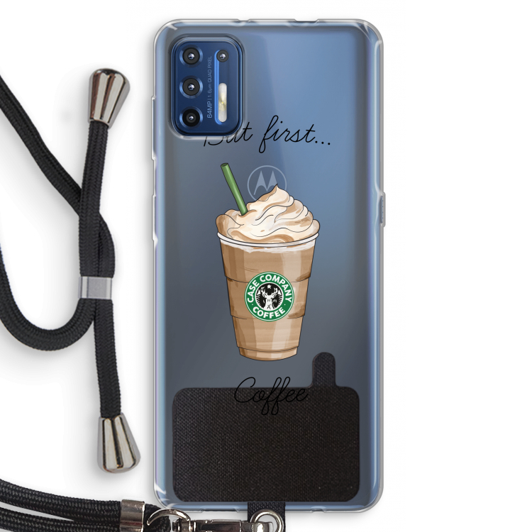 But first coffee: Motorola Moto G9 Plus Transparant Hoesje met koord