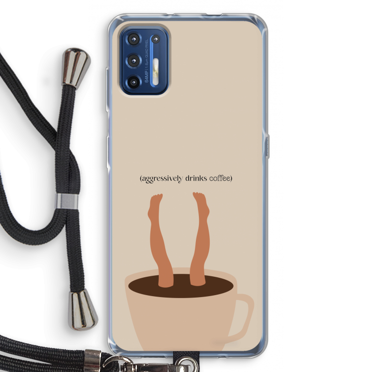 Aggressively drinks coffee: Motorola Moto G9 Plus Transparant Hoesje met koord