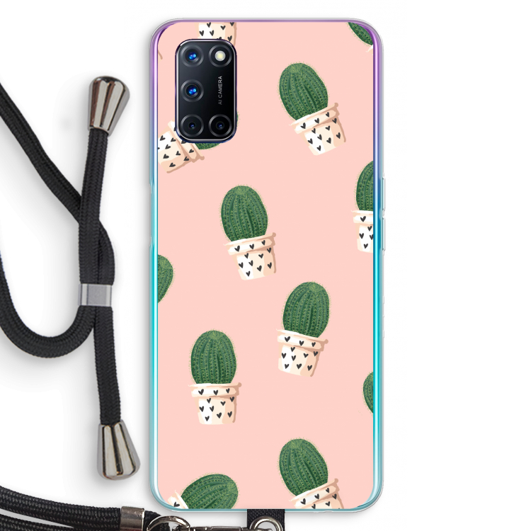 Cactusprint roze: Oppo A52 Transparant Hoesje met koord