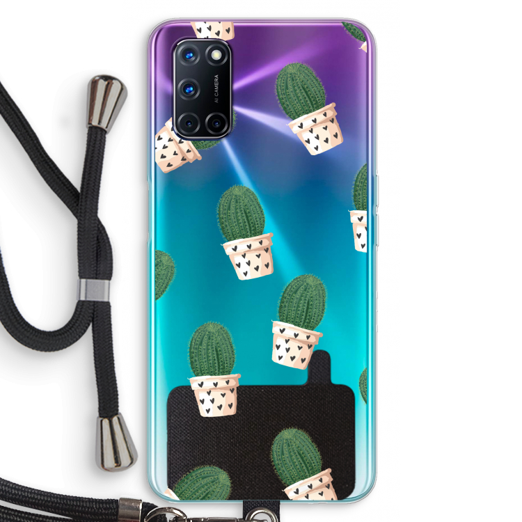 Cactusprint roze: Oppo A52 Transparant Hoesje met koord