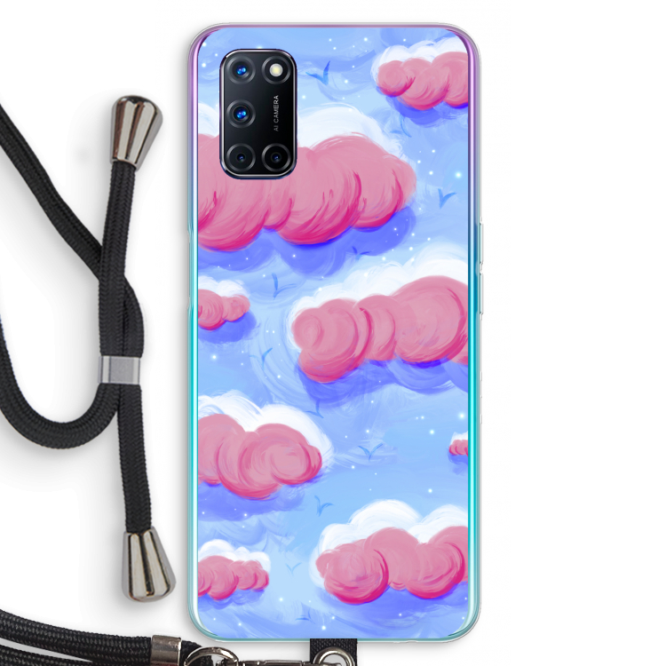 Roze wolken met vogels: Oppo A92 Transparant Hoesje met koord
