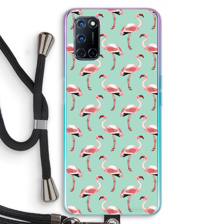 Flamingoprint groen: Oppo A92 Transparant Hoesje met koord