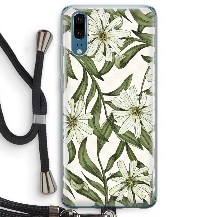 Wit bloemenpatroon: Huawei P20 Transparant Hoesje met koord