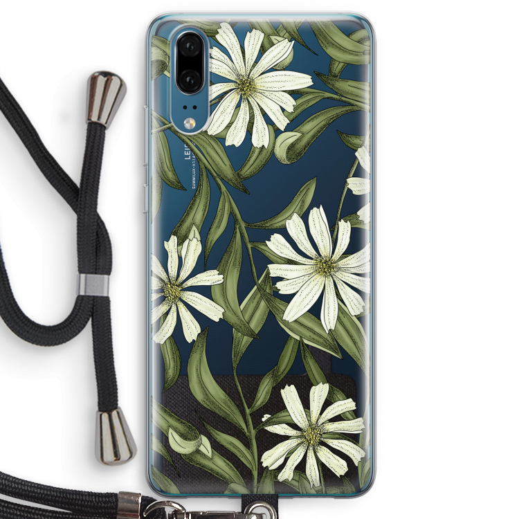Wit bloemenpatroon: Huawei P20 Transparant Hoesje met koord