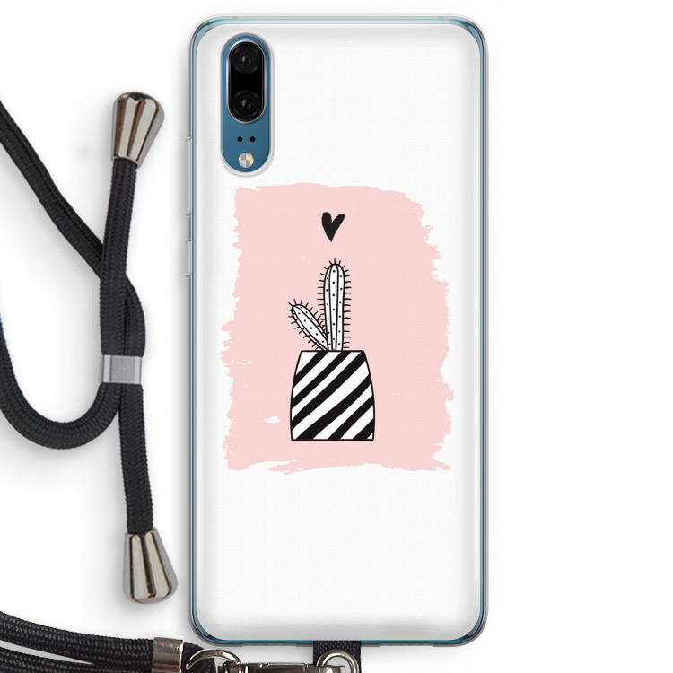 Zwart-wit cactus: Huawei P20 Transparant Hoesje met koord