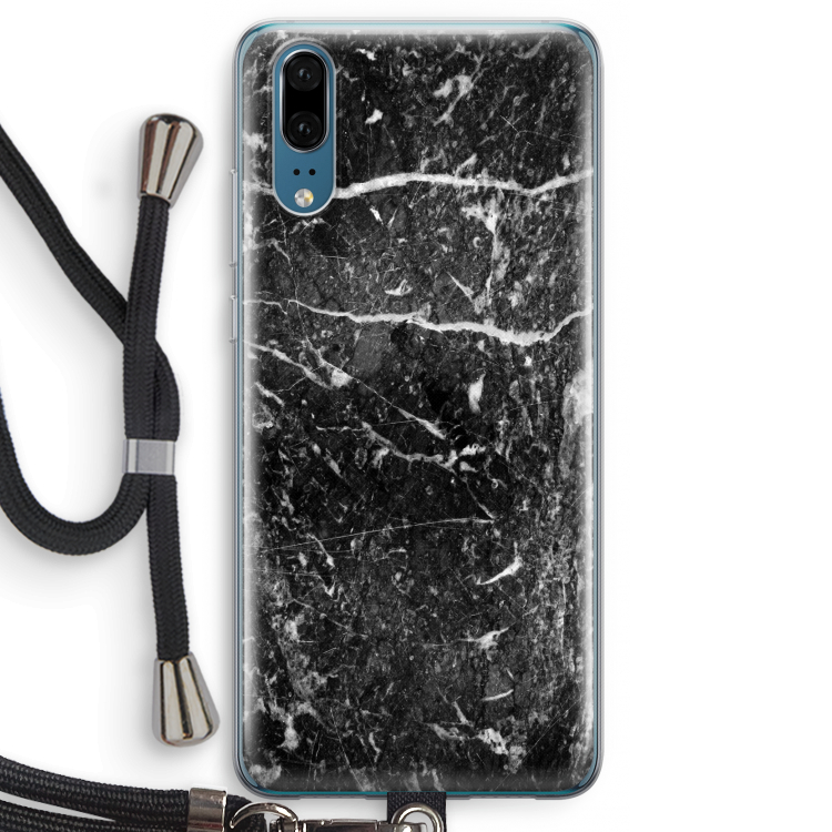 Zwart marmer: Huawei P20 Transparant Hoesje met koord