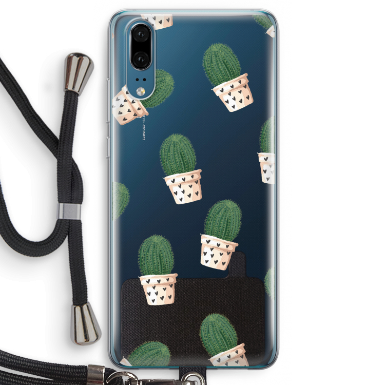 Cactusprint roze: Huawei P20 Transparant Hoesje met koord