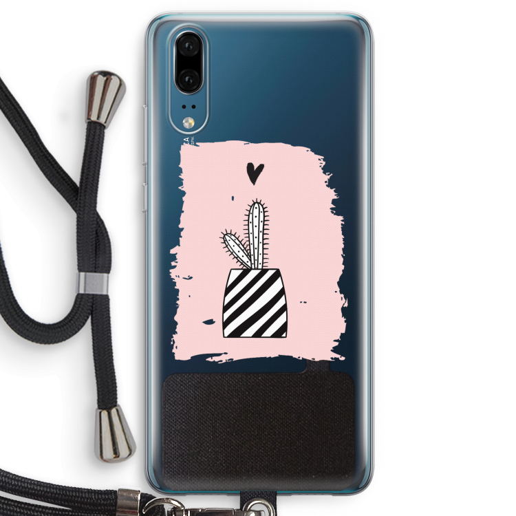 Zwart-wit cactus: Huawei P20 Transparant Hoesje met koord