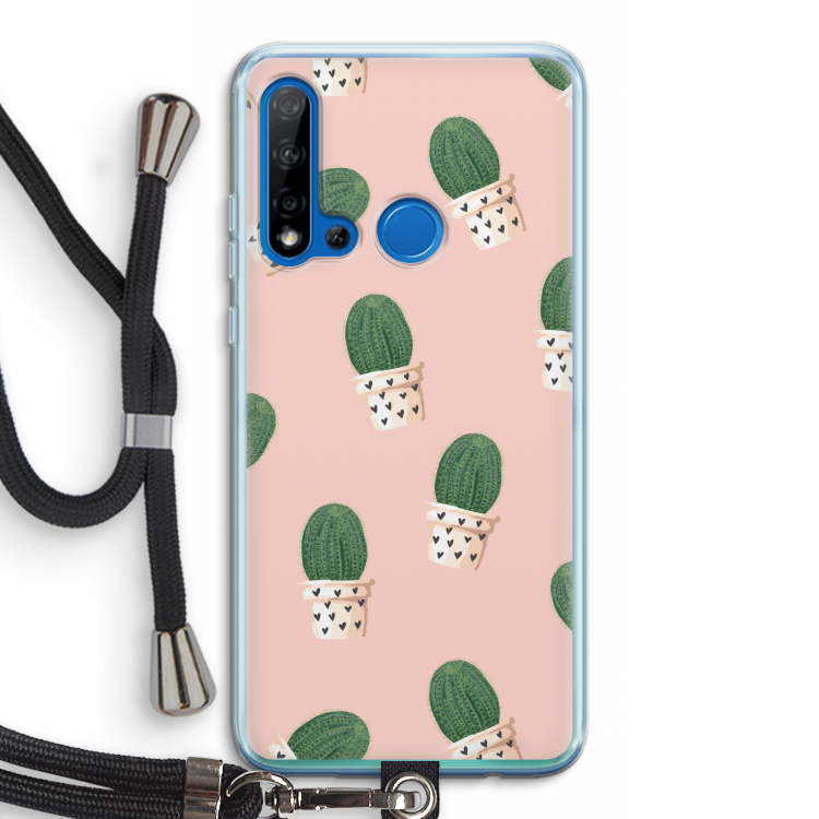 Cactusprint roze: Huawei P20 Lite (2019) Transparant Hoesje met koord