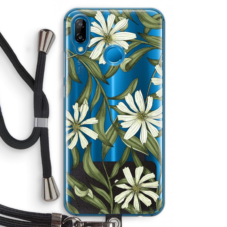 Wit bloemenpatroon: Huawei P20 Lite Transparant Hoesje met koord