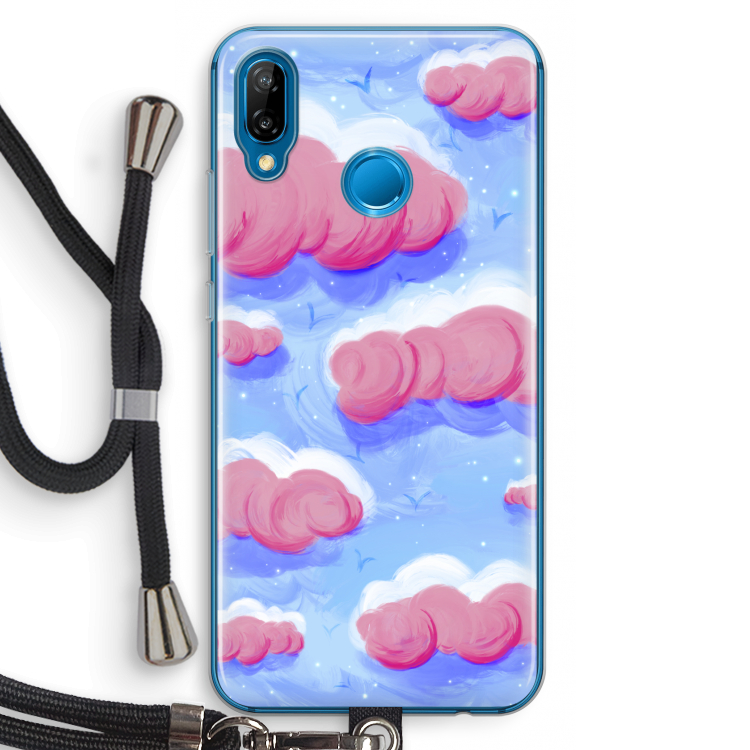 Roze wolken met vogels: Huawei P20 Lite Transparant Hoesje met koord