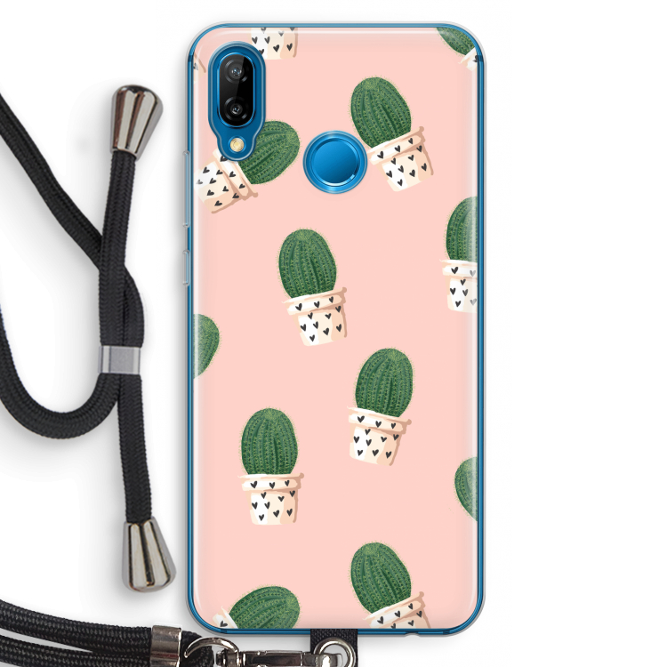 Cactusprint roze: Huawei P20 Lite Transparant Hoesje met koord
