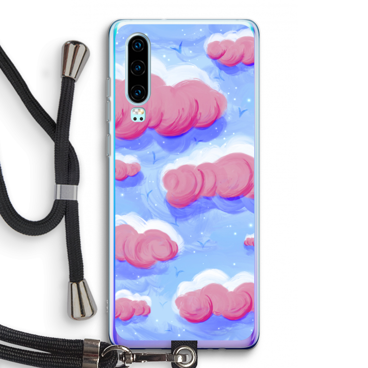 Roze wolken met vogels: Huawei P30 Transparant Hoesje met koord