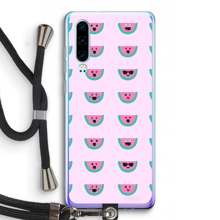 Smiley watermeloenprint: Huawei P30 Transparant Hoesje met koord
