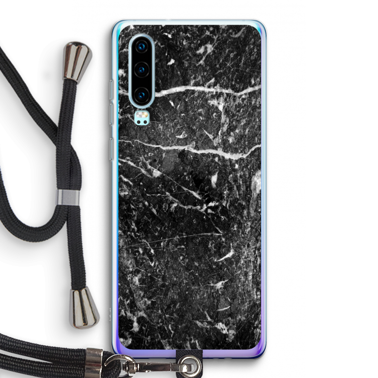Zwart marmer: Huawei P30 Transparant Hoesje met koord