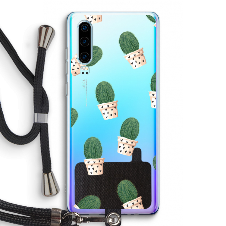 Cactusprint roze: Huawei P30 Transparant Hoesje met koord