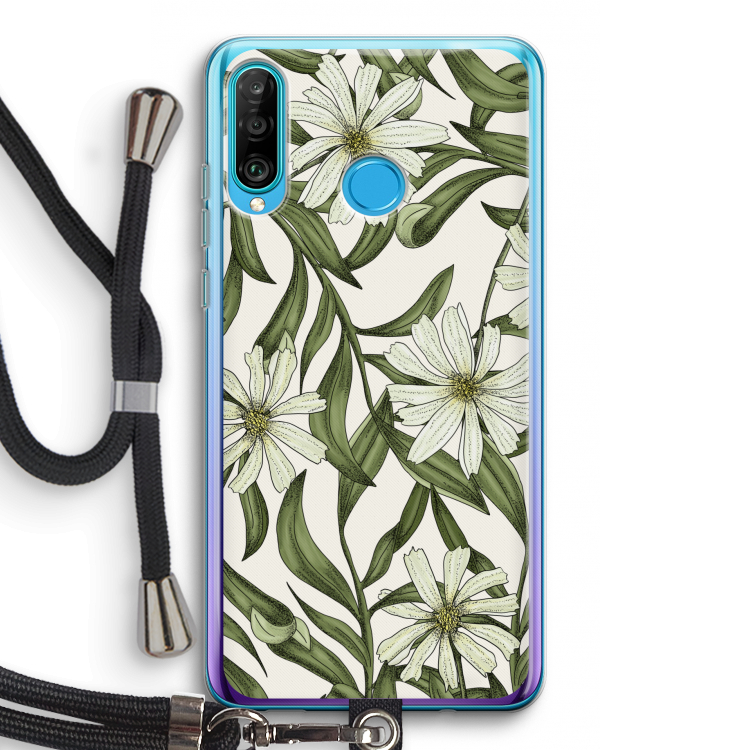 Wit bloemenpatroon: Huawei P30 Lite Transparant Hoesje met koord