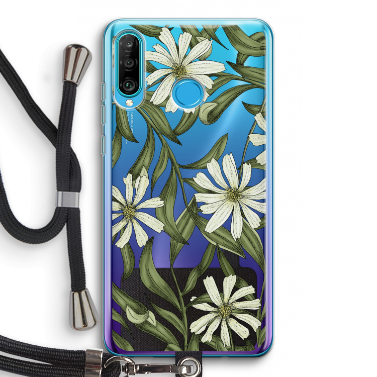 Wit bloemenpatroon: Huawei P30 Lite Transparant Hoesje met koord