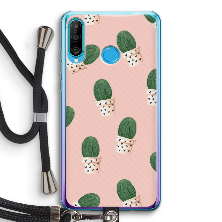 Cactusprint roze: Huawei P30 Lite Transparant Hoesje met koord