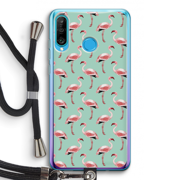 Flamingoprint groen: Huawei P30 Lite Transparant Hoesje met koord