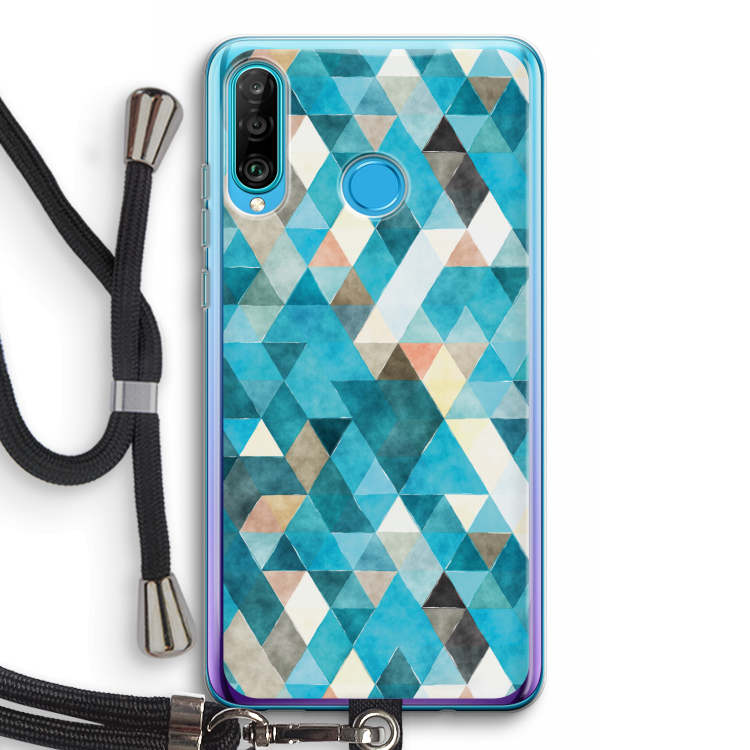 Gekleurde driehoekjes blauw: Huawei P30 Lite Transparant Hoesje met koord