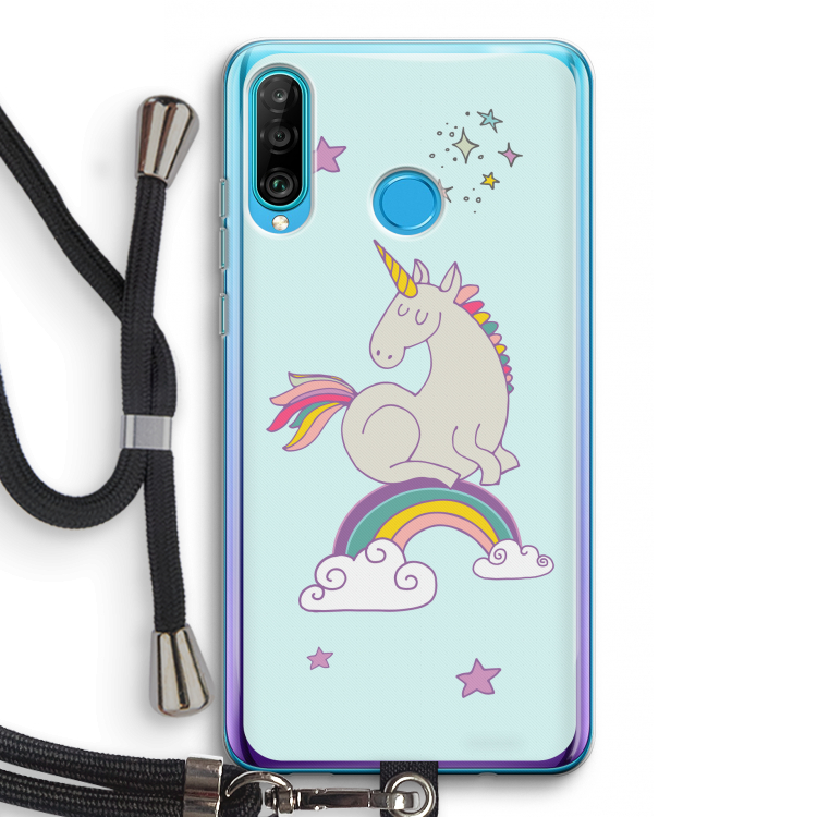 Regenboog eenhoorn: Huawei P30 Lite Transparant Hoesje met koord