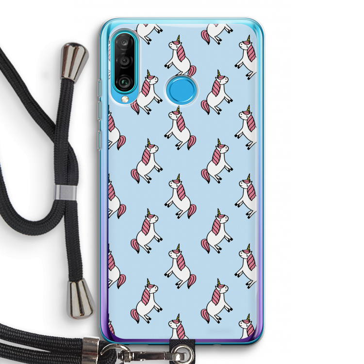 Eenhoorns overal: Huawei P30 Lite Transparant Hoesje met koord