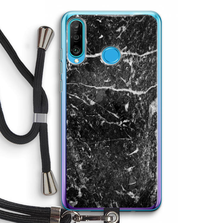 Zwart marmer: Huawei P30 Lite Transparant Hoesje met koord