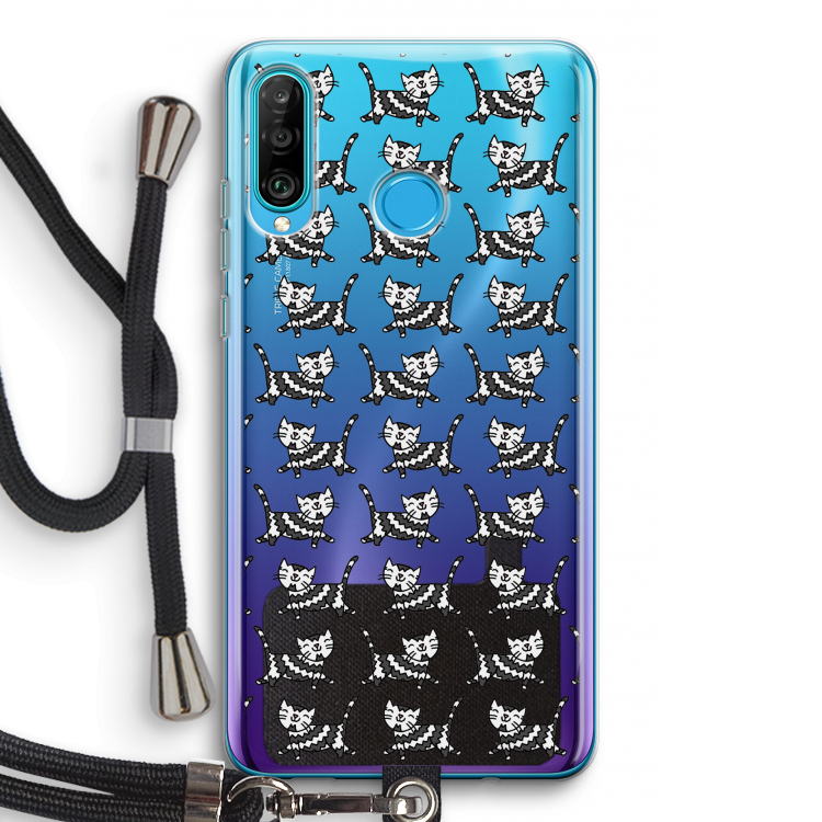 Zwarte poes: Huawei P30 Lite Transparant Hoesje met koord