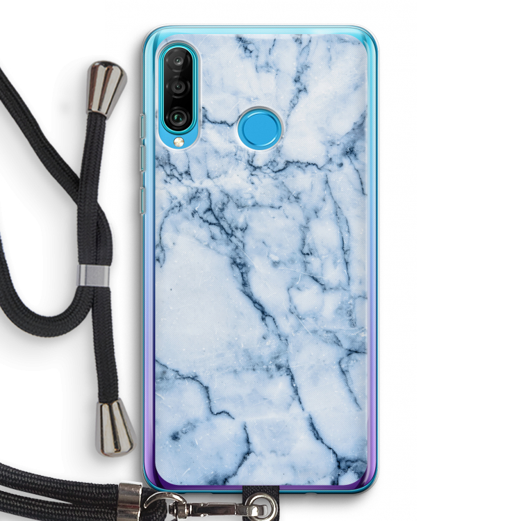 Blauw marmer: Huawei P30 Lite Transparant Hoesje met koord