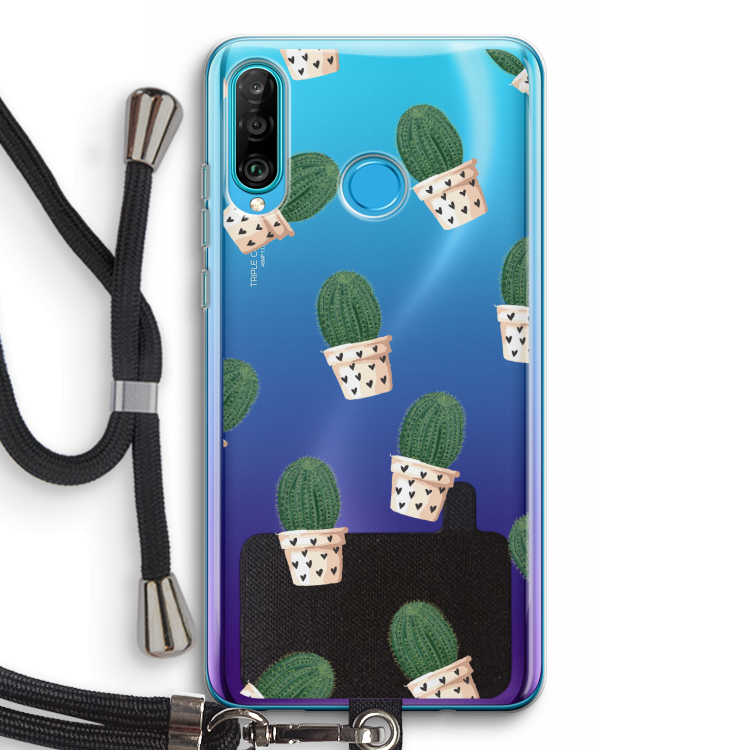 Cactusprint roze: Huawei P30 Lite Transparant Hoesje met koord